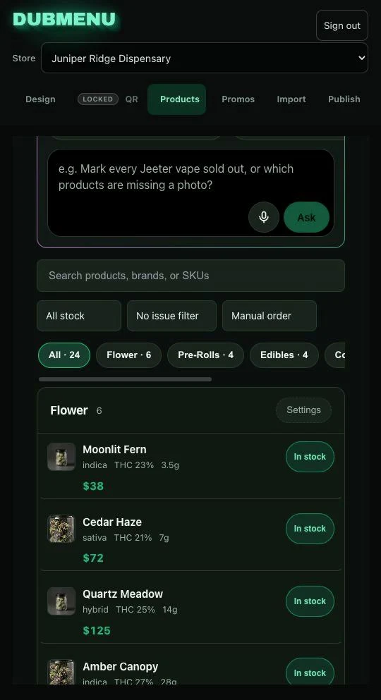 DubMenu phone controls for editing prices and stock
