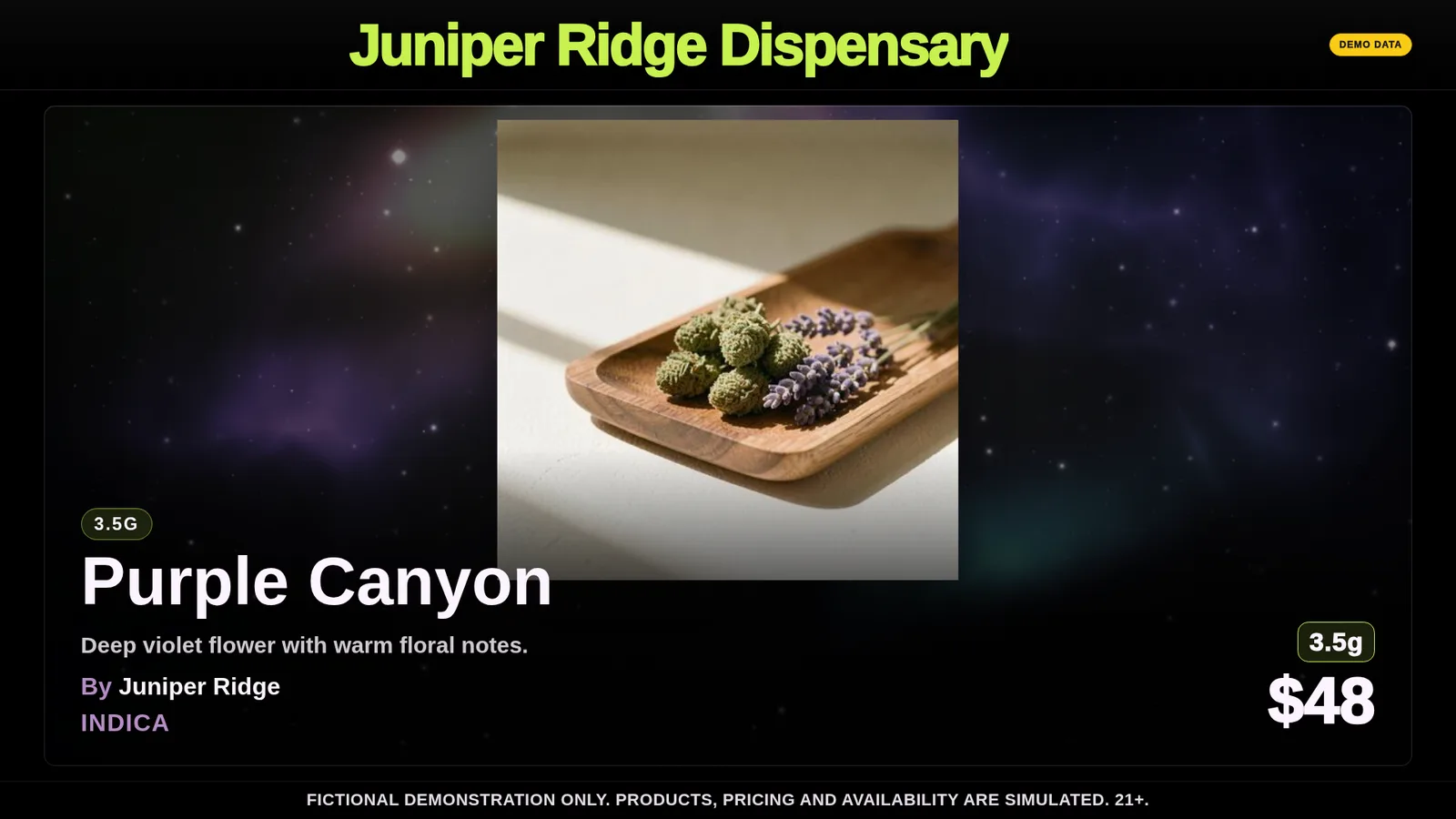 DubMenu Night Drop theme shown with a fictional demo catalog